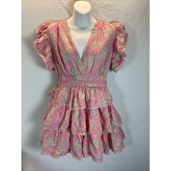Olivaceous Dress size M Floral Tiered Cottage linen pink flounce flutter sleeve - Picture 2 of 13